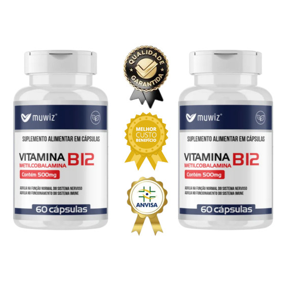kit 2x Vitamina B12 Metil cobalamina 500mg - 60 Cápsulas Muwiz Energia e Imunidade