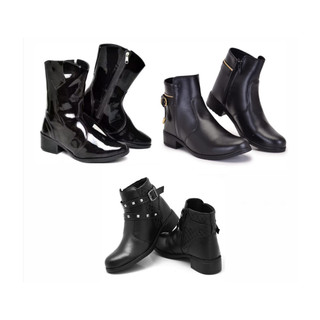 Bota feminina cano curto preto+ bota feminina cano curto com fivelas+ bota feminina de cano médio preta