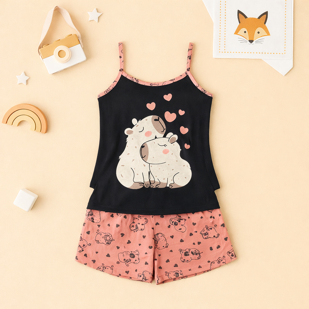 Baby Doll Capivaras Fofas Malha Premium Pijama Feminino Adulto Short e Alça Fina Verao Confortavel