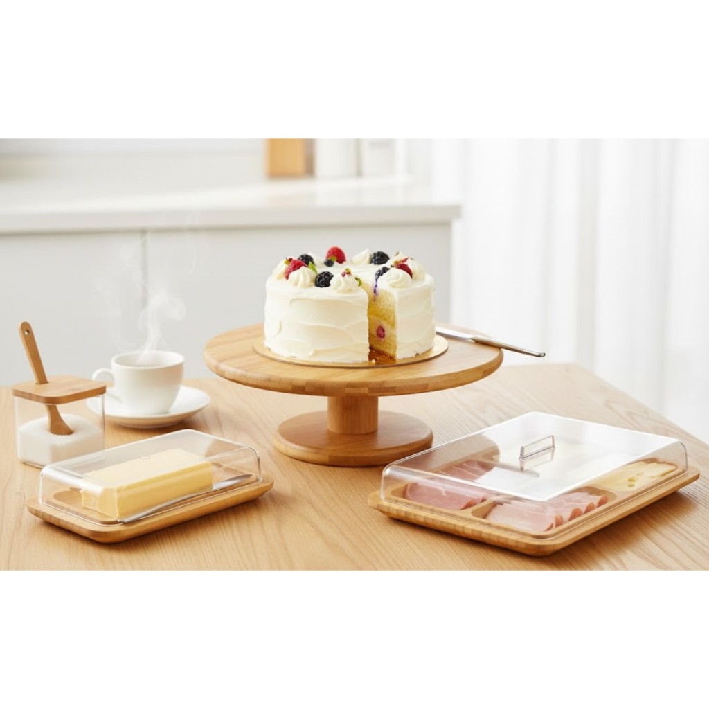 Kit 4 Itens Mesa Posta Sense Em Bambu Decoração Boleira Manteigueira Açucareiro Porta-frios
