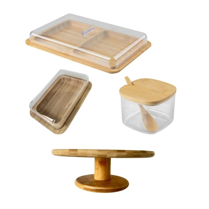 Kit 4 Itens Complemento de Mesa Posta Sense Em Bambu Decoração Boleira Manteigueira Açucareiro Porta-frios