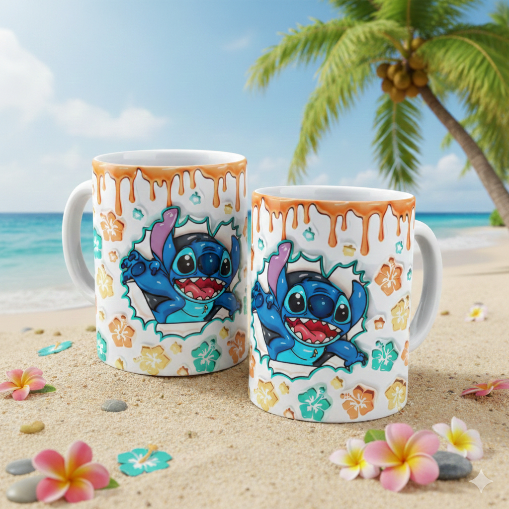 Caneca Xícara Personalizada Lilo e Stitch Disney Efeito 3D Porcelana 325ml Presente amigo amiga