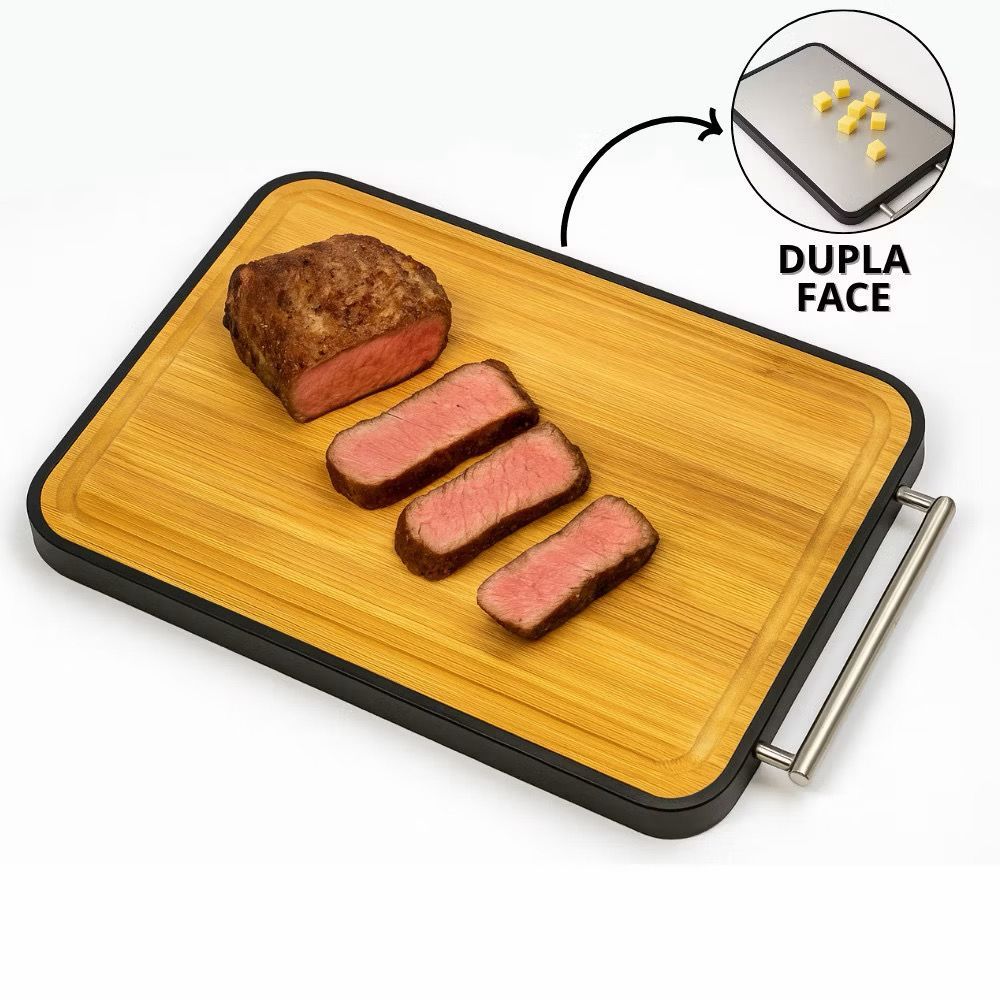 Tábua Dupla Face, Bambu e Inox De Corte e Frios Antibacteriana Tabua De Carne Tabua De Cozinha Inox Retangular Churrasco