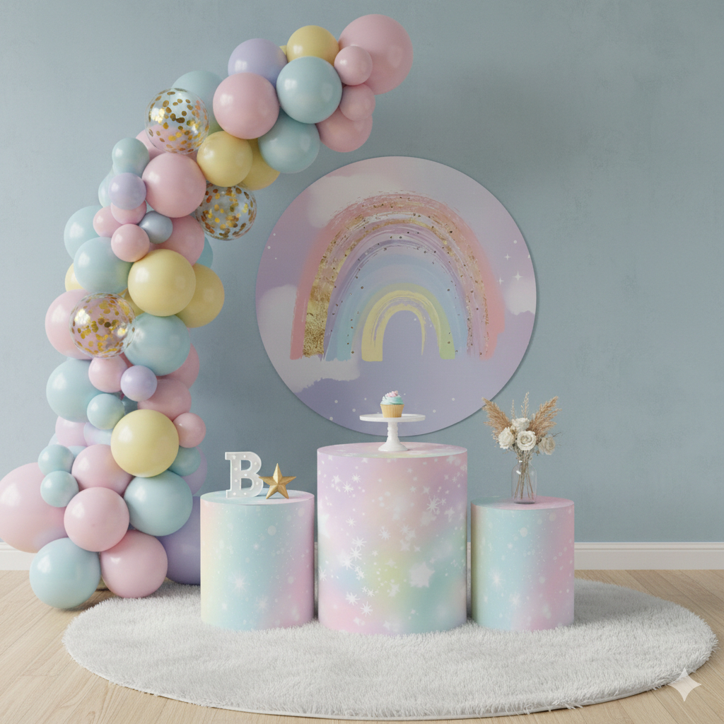 Kit Capas Chá De Bebê Nuvens e Arco-Íris Cute Delicado Decorativo Festa Infantil Menina