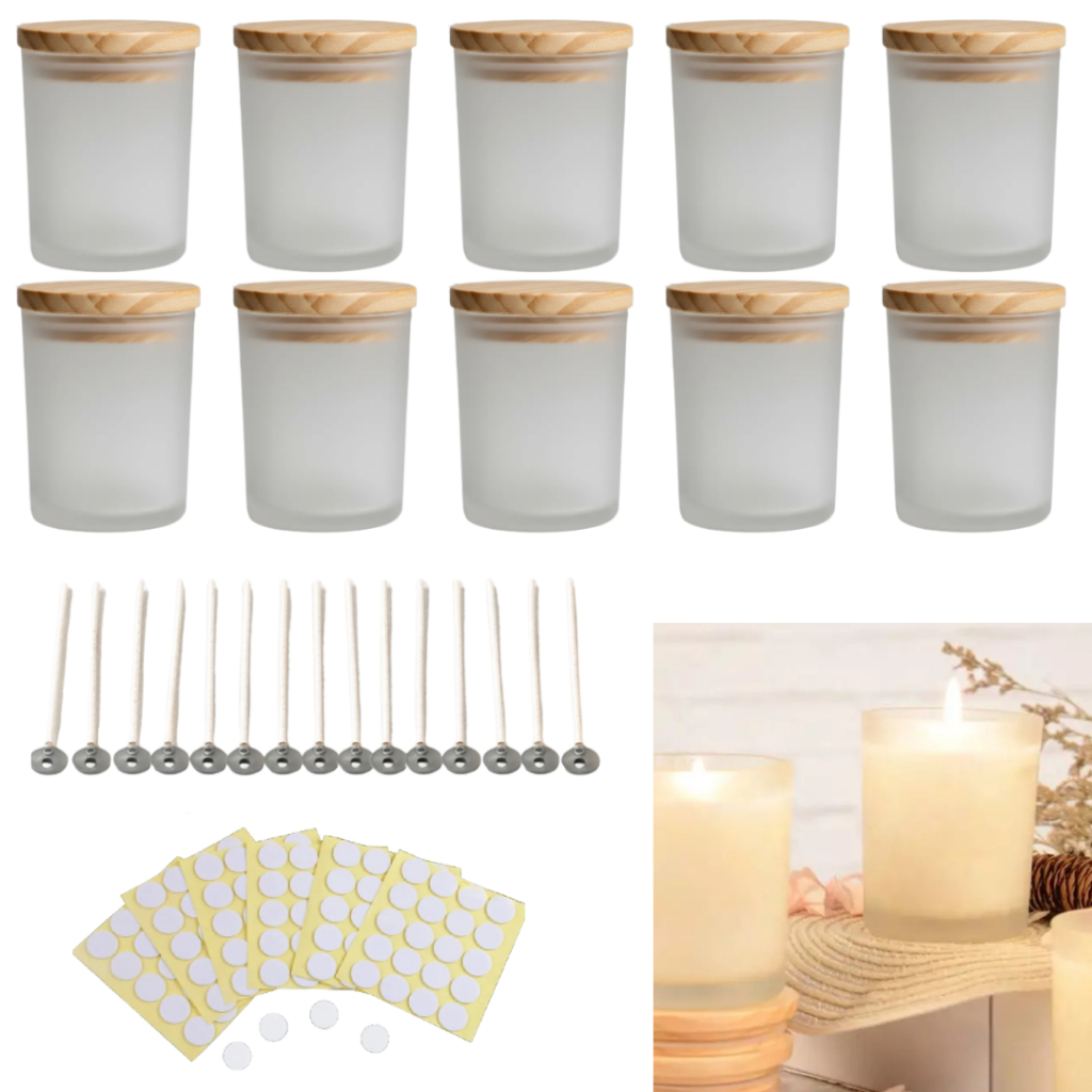 Kit 10 Copos Classic Fosco + Tampa Madeira + Pavio + Adesivos em Oferta na Shopee