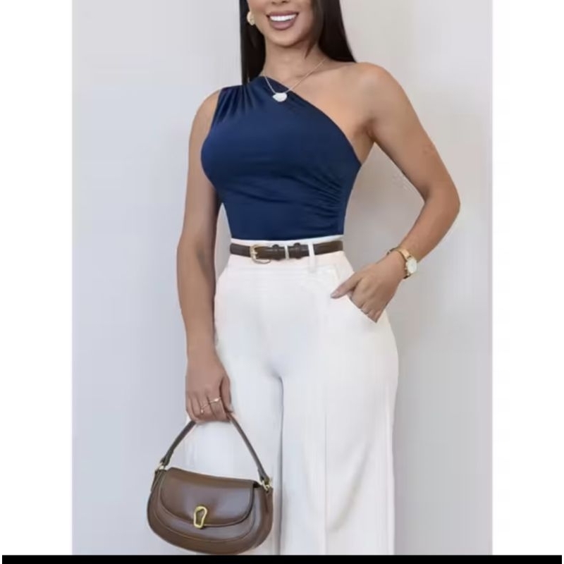 Blusa Feminina Elegante Mula frente forrada ,Manca Assimétrica Casual Ombro Único Com Franzido em Oferta na Shopee