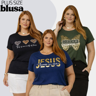 Blusa Blusinha Camiseta Feminina Plus Size Curve Malha Viscose em Oferta na Shopee