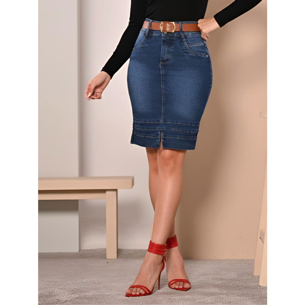 Saia Jeans Moda Casual Elegante Evangélica com Cinto Ref.117