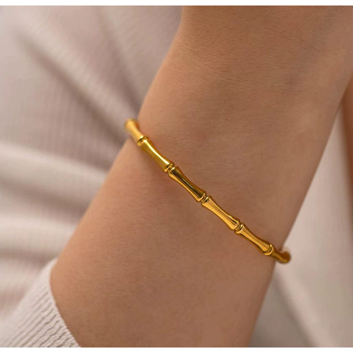 Pulseira em formato de bambu, aço titânio, pulseira dourada resistente ao desbotamento