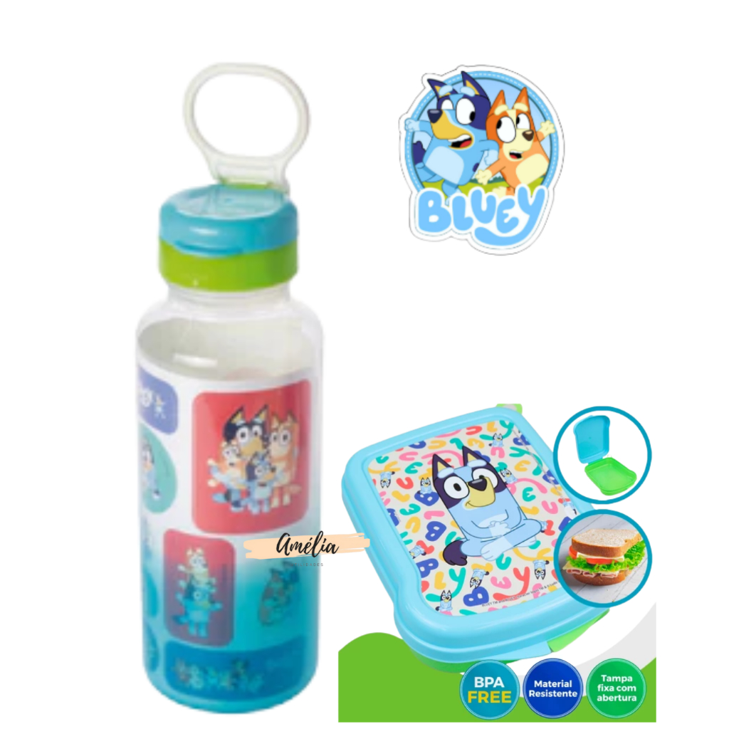 Kit Sanduicheira e Garrafinha com Canudo 600ML Infantil Bluey Lancheira com Tampa Passeio Plasútil