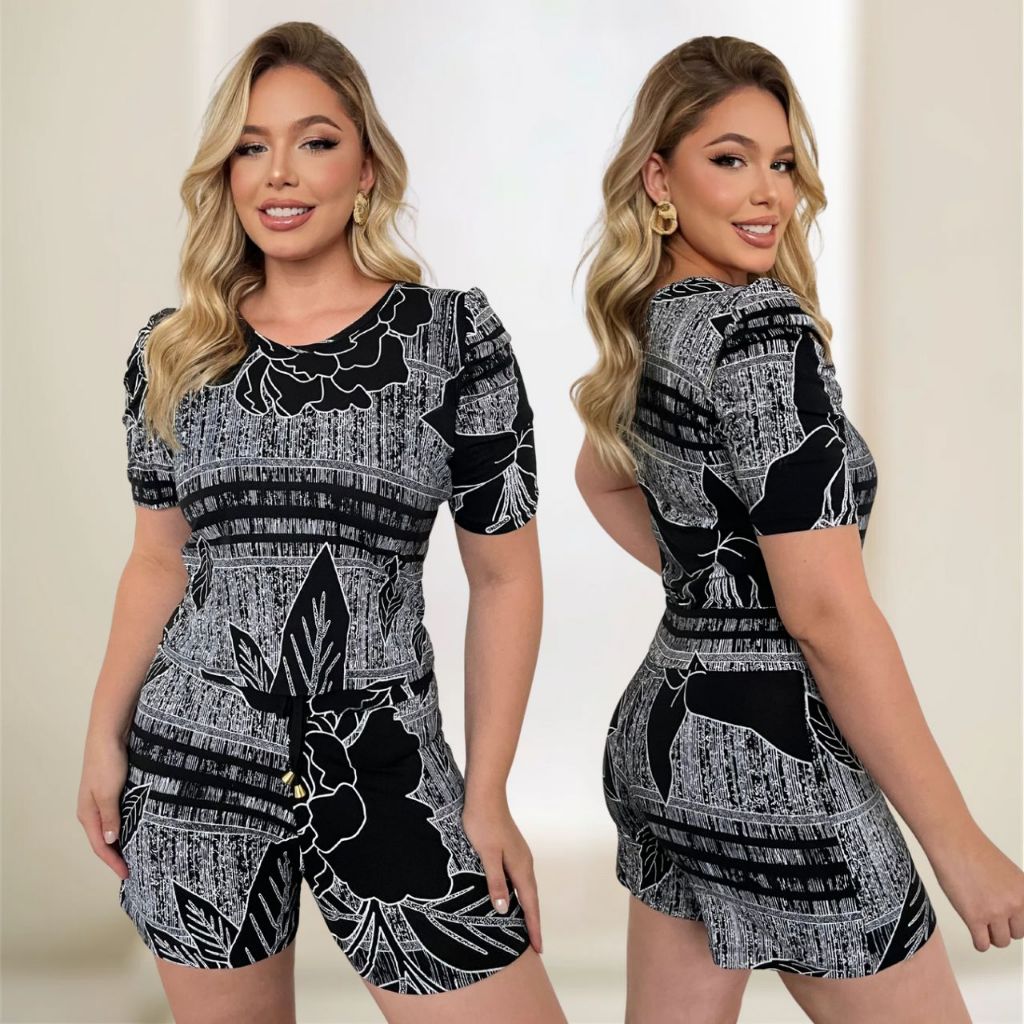 Conjunto Feminino Short e Blusa Estampado Viscolycra Casual Verão Confortável Malha Fria em Oferta na Shopee