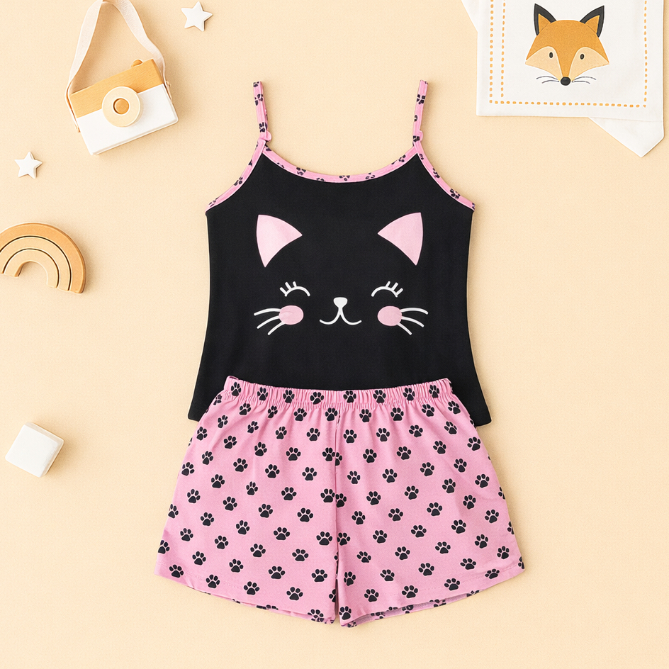 Baby Doll Gatinho Preto Fofo Malha Premium Pijama Feminino Adulto Short Alça Fina Verao Confortavel