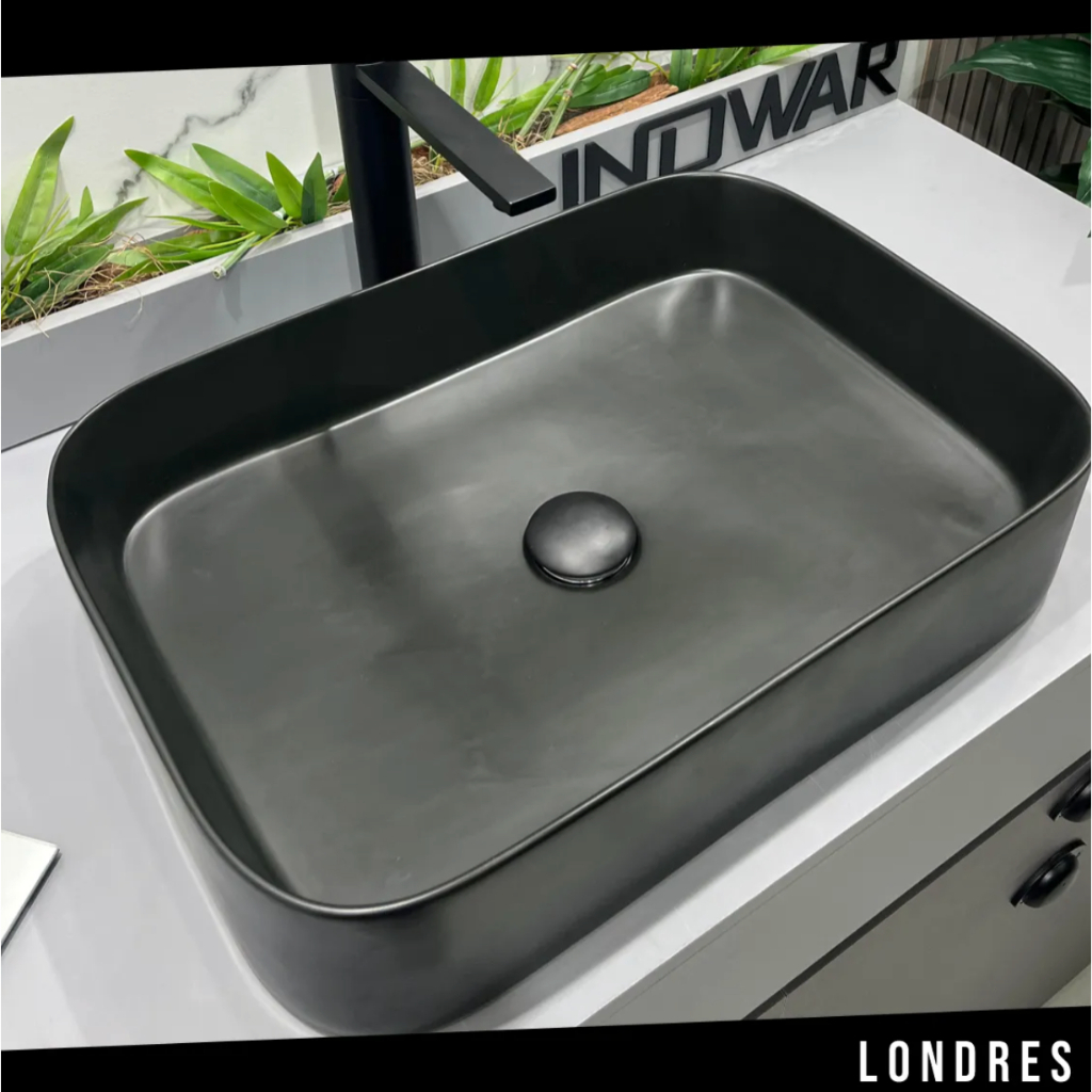 Cuba 55x38 de Porcelana Louça Preta Londdres Apoio Banheiro Lavabo com Válvula Click de Porcelana