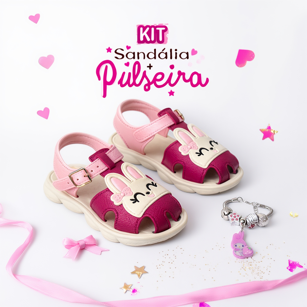 Kit Infantil Sandália de Coelhinha Pulseira Berloque Presente Menina Confortável Fofa Moda Infantil