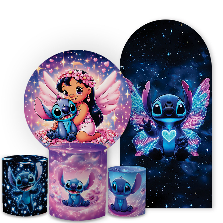 Kit Sublimado Lil0 & Stch Baby Cuty Capa Painel + Trio Cilindro Festa Infantil Sublimado Veste Fácil