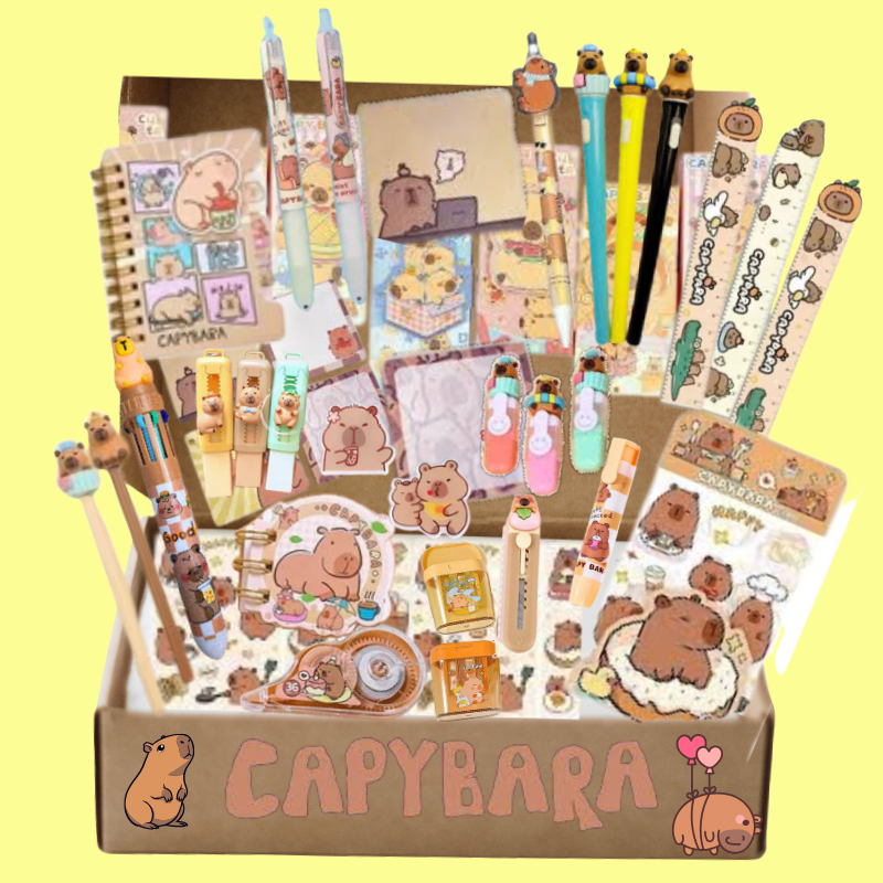 Kit Capivara Fofos Kawaii Papelaria Criativa Caneta Que Apaga Caderno Diário Estojo Pelúcia Criança