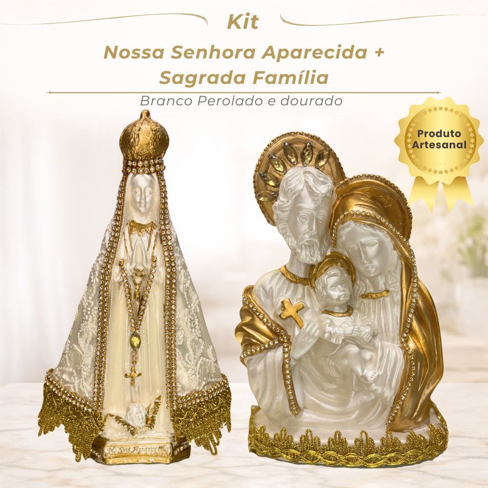 Kit Imagem Nossa Senhora Aparecida e Sagrada Família Branco Perolado Dourado 20cm Batizado Casamento