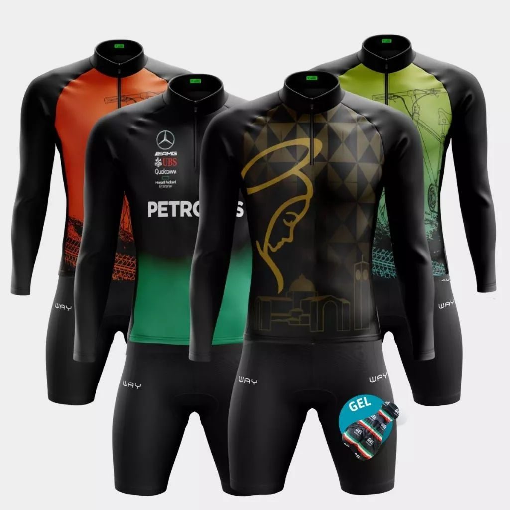 Conjunto Roupa Ciclismo Masculina Camisa Bicicleta Manga Longa e Bermuda Gel