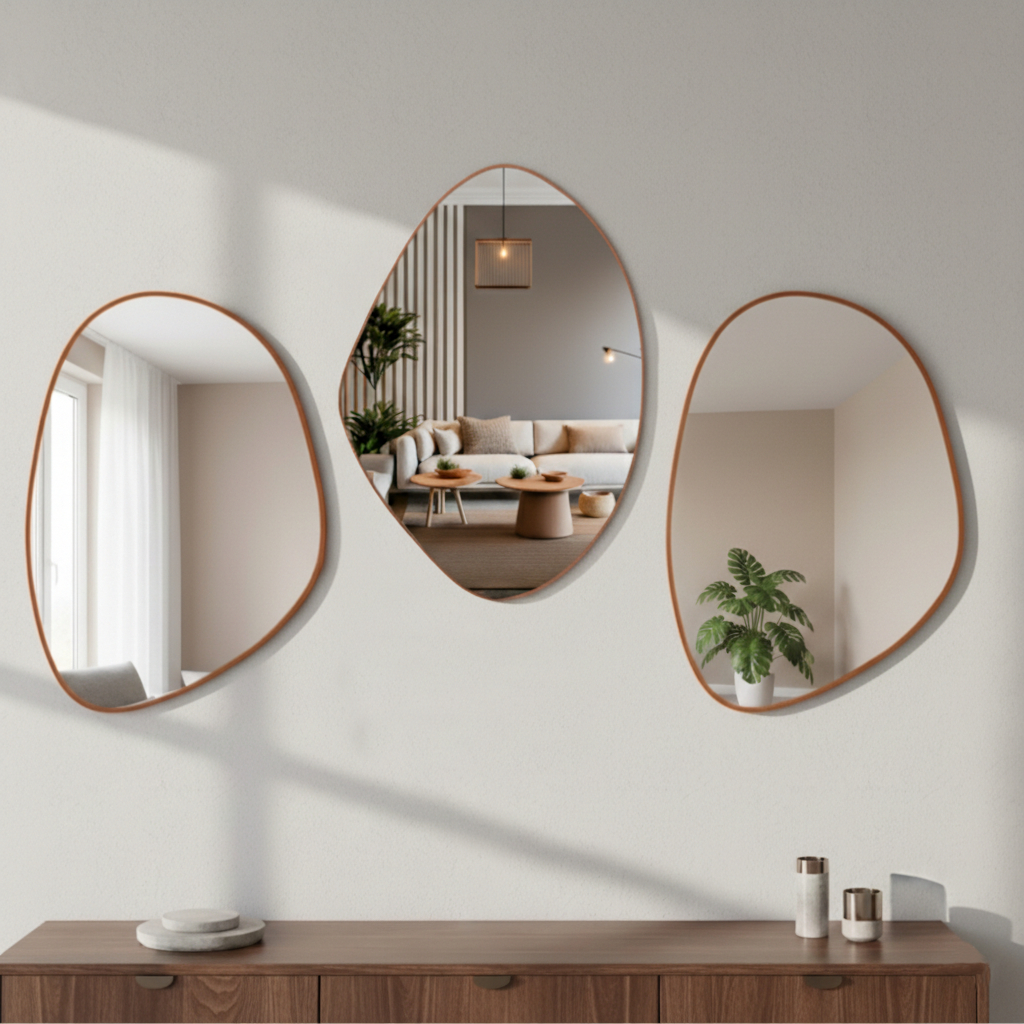 Kit 3 Espelhos Orgânicos 60x40 Decorativos Composição Mosaico Moldura em Couro Caramelo C/ Suporte em Oferta na Shopee