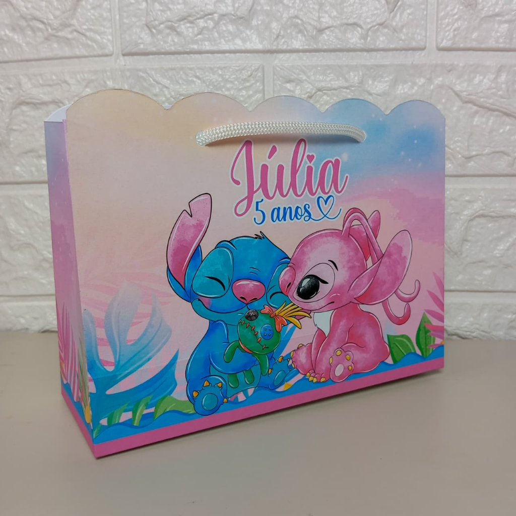 Sacolinha PEGUE E MONTE Personalizada Stitch e Angel | Lembrancinhas | Aniversário | Sacola Surpresa | Mimos | Milk