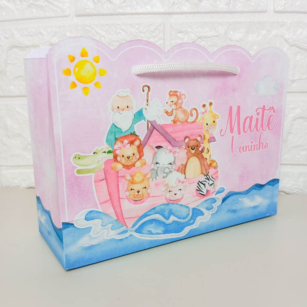 Sacolinha PEGUE E MONTE Personalizada Arca de Noé Menina | Lembrancinhas | Aniversário | Sacola Surpresa | Mimos | Milk