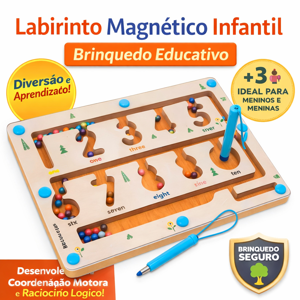 Labirinto Magnético Infantil Educativo Madeira Aprendizado Números Caneta Imã Brinquedo 3+