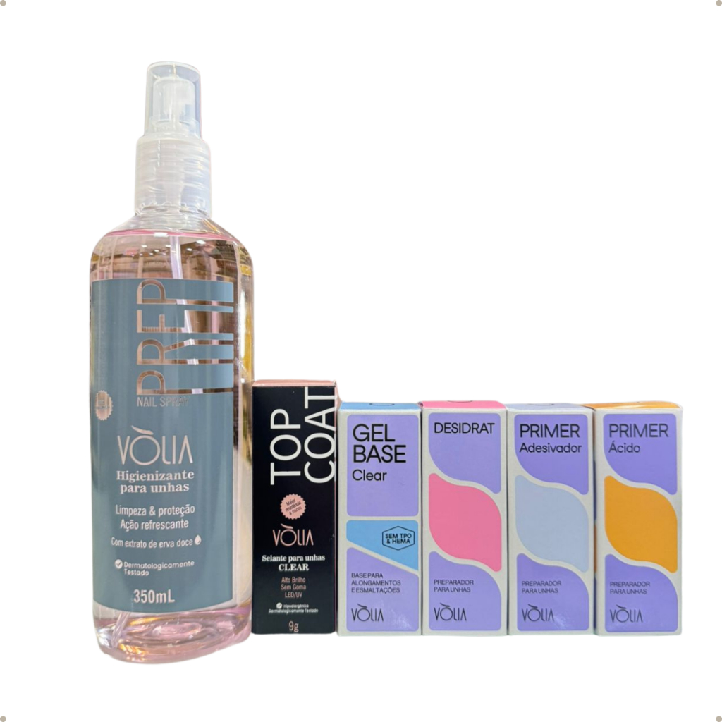 Kit Vólia Prep + Desidrat + Top Coat Clear + Primer Adesivador + Primer Ácido + Gel Base SEM TPO em Oferta na Shopee
