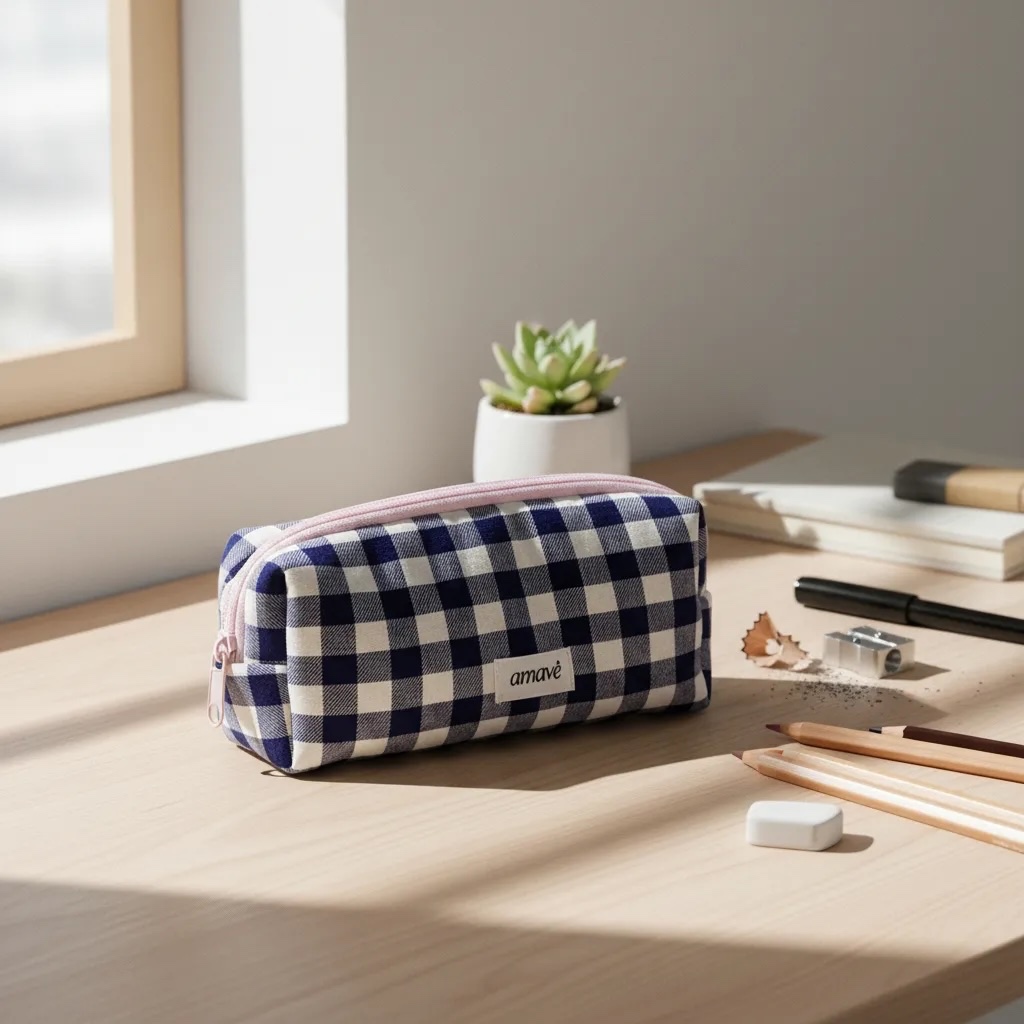 Estojo Escolar Feminino Box Quadricular 100% Algodão Amavê Porta Lápis Canetas Aesthetic Organizador