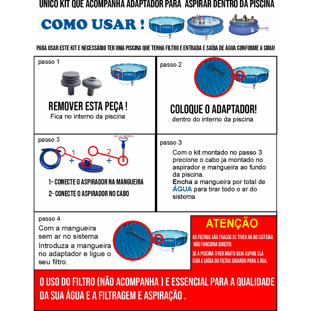 Kit para aspiraçao e limpeza  de piscinas estruturais e inflaveis intex bell mor bestway completo
