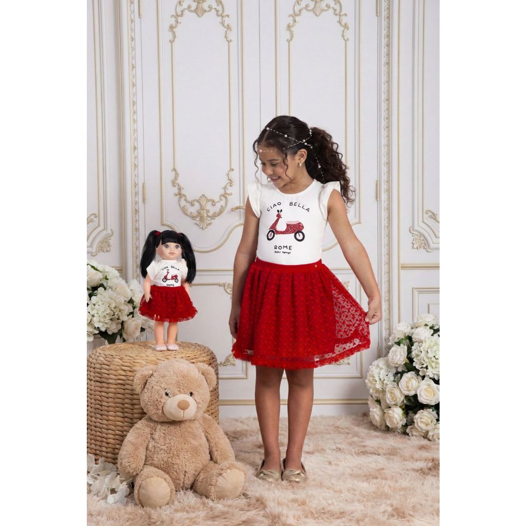 Conjunto Verão Infantil Menina Blusa e Saia com Shorts Vermelho Marthiê -Acompanha Roupinha da Boneca Igual