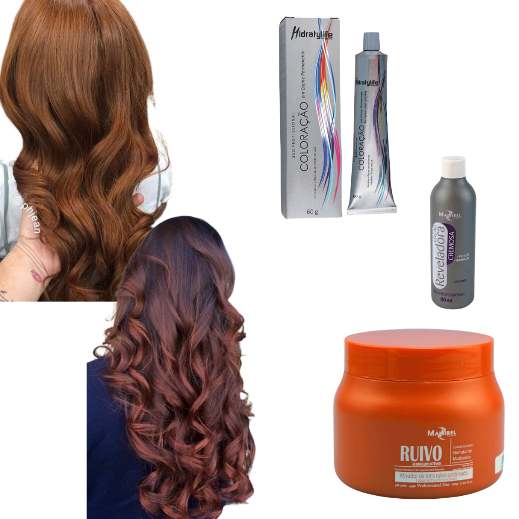 Tinta Cabelo 6.74 Loiro Cobre Escuro + Ox 20 volumes + Matizador Ruivo 500g Mairibel