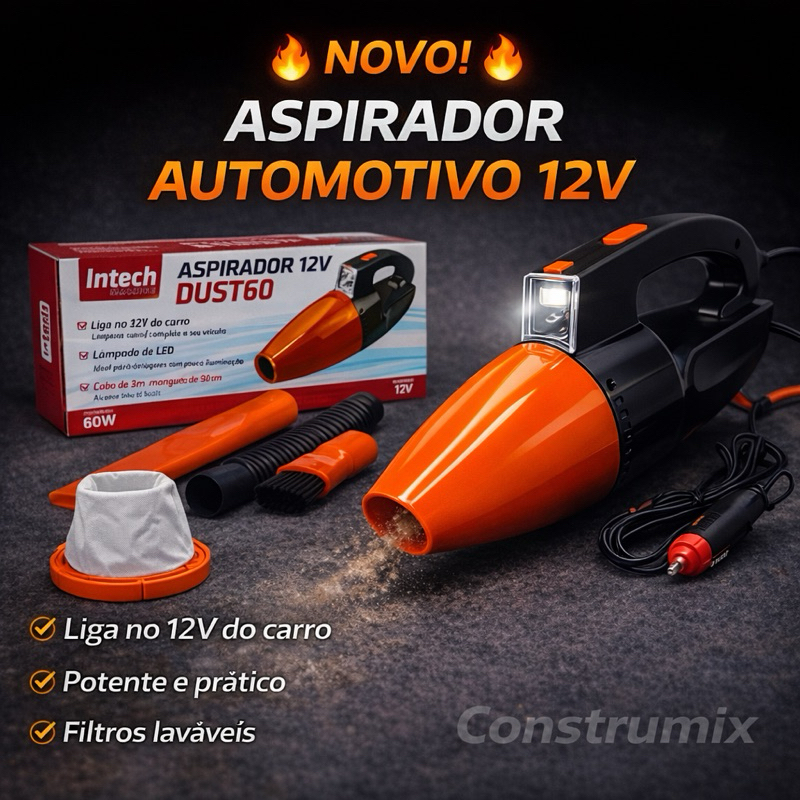 Aspirador Automotivo 12V Intech Dust60 Com LED 60W Aspira Pó e Água Com Mangueira e Acessórios Originais