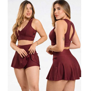 Conjunto Fitness Feminino Saia-Shorts + Top com Sustentação Academia Treino em Oferta na Shopee