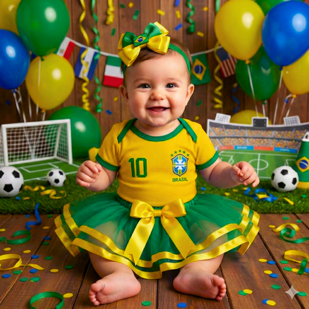 Body Bebê Brasil Kit 3 Peças Feminino Body + Saia + Laço Amarelo