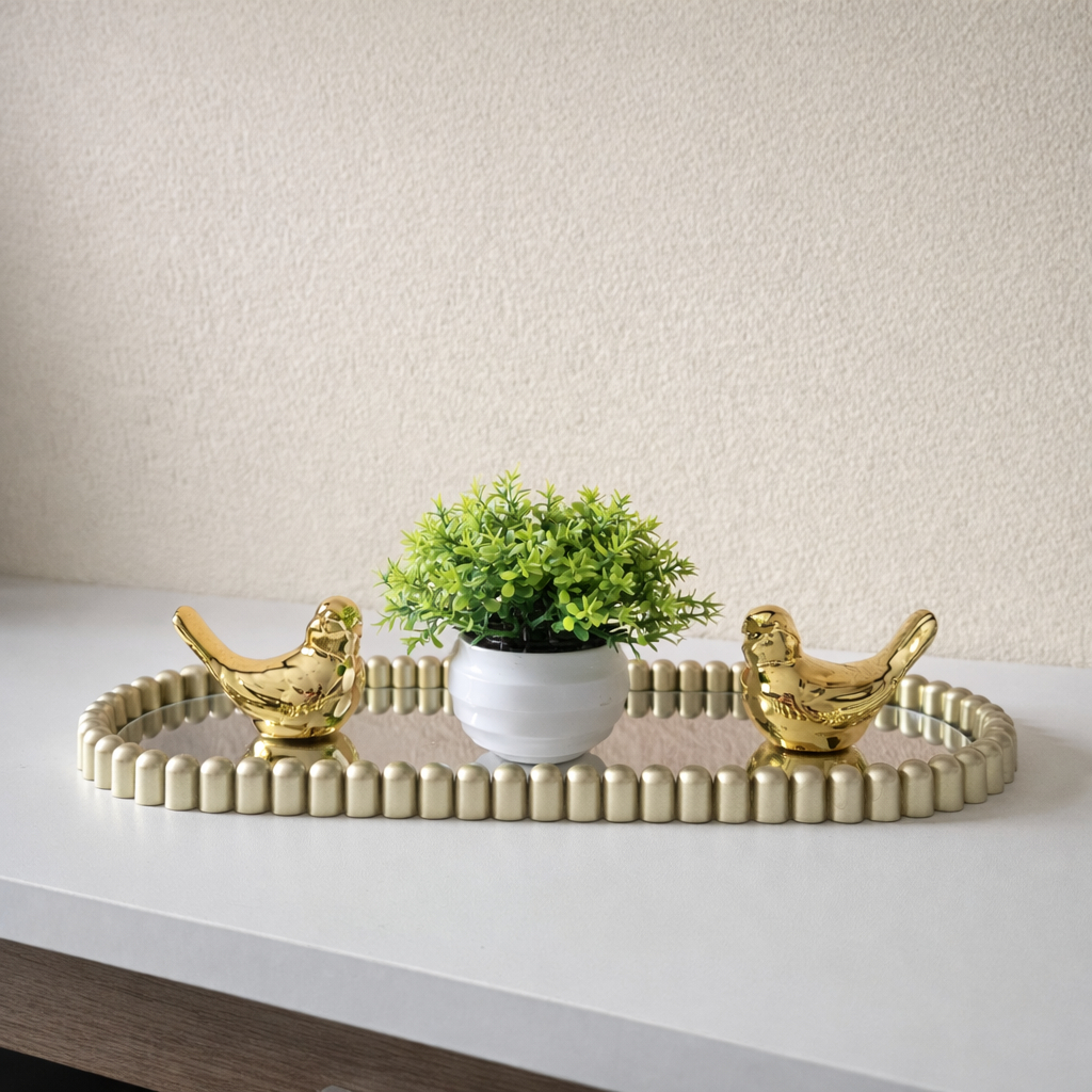 Kit Decoração Passarinho Dourado Bandeja Espelhada Vasinho Artificial Enfeite Decorativo Rack Sala