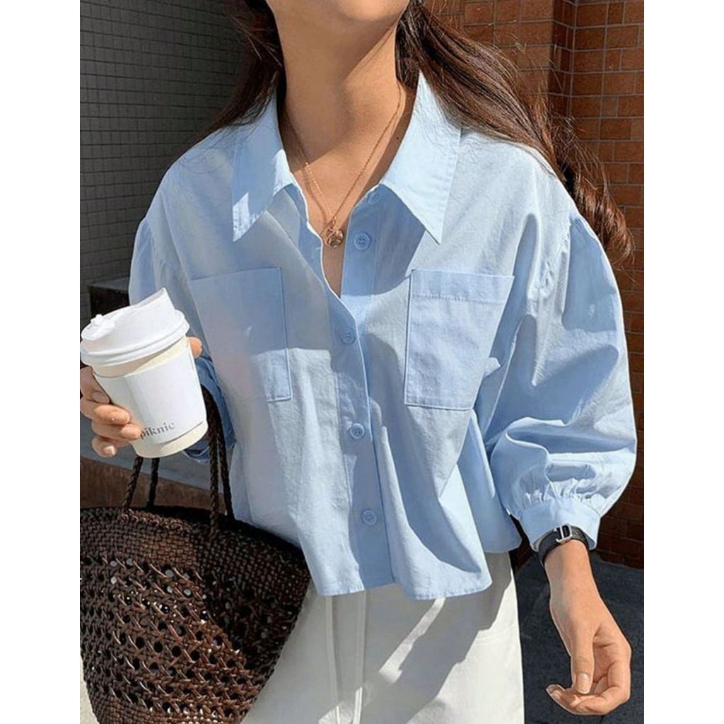 Camisa Feminina Over Alfaiataria Manga Bufante Elegante Luxo Blusa Moderna Com Botões Bolso Frontal Casual Trabalho