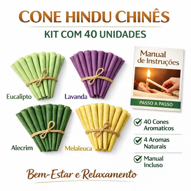Cone Hindu Chinês 40 unidades Eucalipto + Lavanda + Alecrim + Melaleuca Óleo Essencial