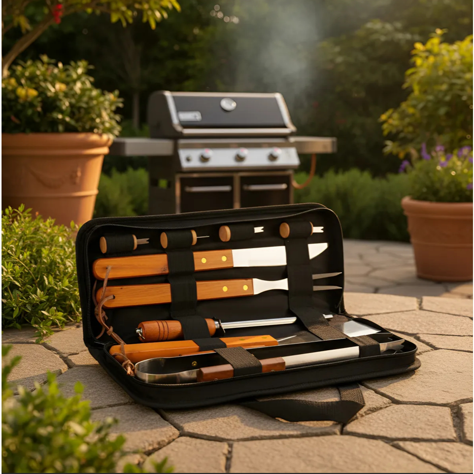 Kit Churrasco Faqueiro Cabo Longo Madeira Faca Pegador Carne Chaira Garfo Maleta Nylon 10 Peças