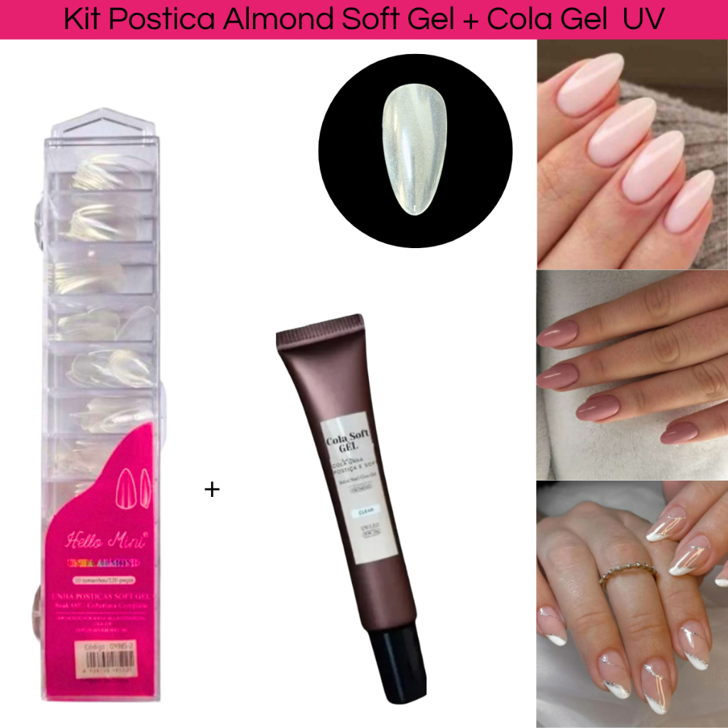 Kit Unha Postiça Almond  ou Bailarina Transparente Soft Gel + Cola UV LED | Nail Design