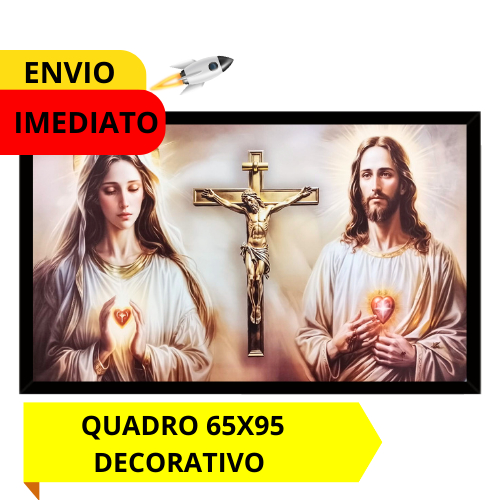 Quadro Decorativo Sagrado Coração de Jesus e Maria 65x95cm com Resina Moldura Preta Lisa Religioso