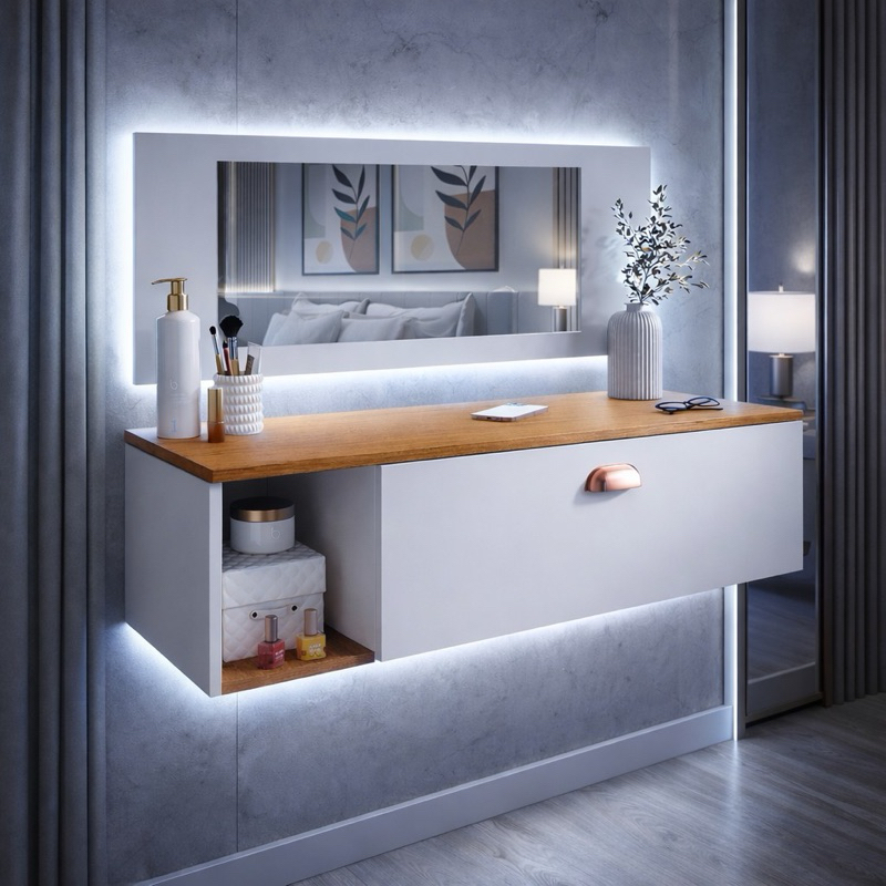 Penteadeira Camarim Suspensa com Espelho, Gaveta com Divisória e Nichos Make Up Elegante makeup