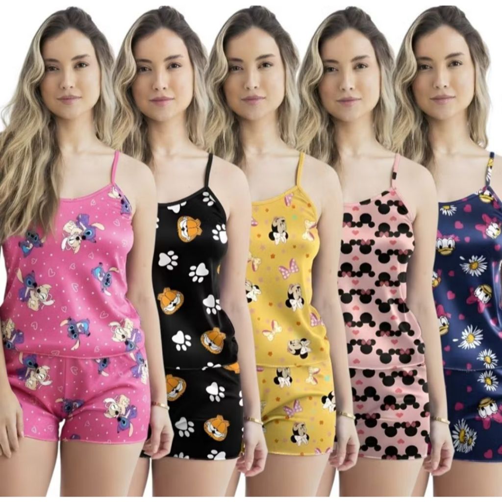 Kit Conjuntos Pijama Baby Doll Femenino Plus Size Short Doll Estampado Sem Bojo Original Conjunto Pijamas Verão