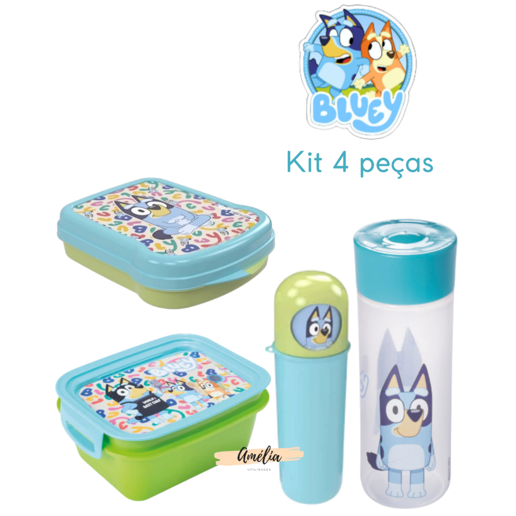 Kit 4pcs Bluey Marmita Sanduicheira Case Dental Garrafa 500ml Escolar Lancheira Passeio Plasútil