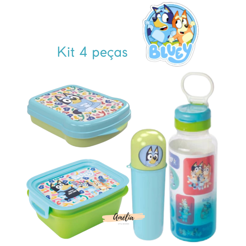 Kit 4pcs Bluey Marmita Sanduicheira Case Dental Garrafa 600ml Escolar Lancheira Passeio Plasútil