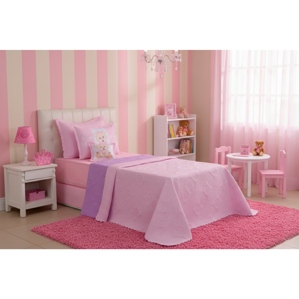 Colcha Cobre Leito Colcha de cama Infantil Menina Ursinha 3 Peças