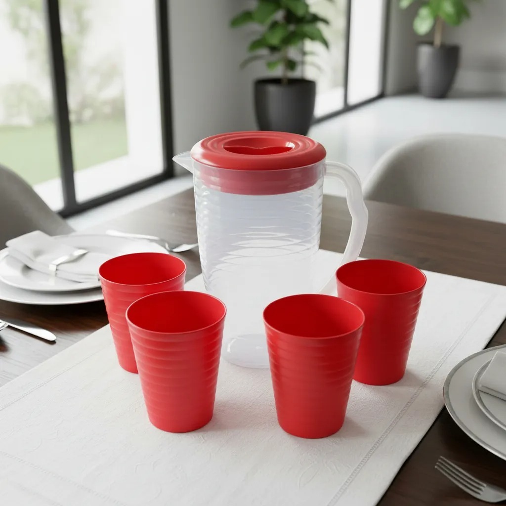 Kit De Jarra Transparente Com Tampa E Copos Coloridos 1,8l + 4 Cps 300ml Ondulados Plástico em Oferta na Shopee