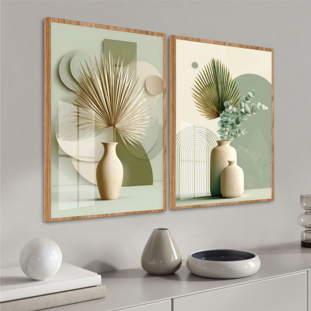 Quadro Moldura Vidro Kit Duas Peças Folhagens Vaso Tons Verde Bege Decoração Quarto Sala Escritório