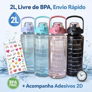 Garrafa de Água Squeeze 2 litros com Adesivos Grande Galão transparente canudo Academia Portugues