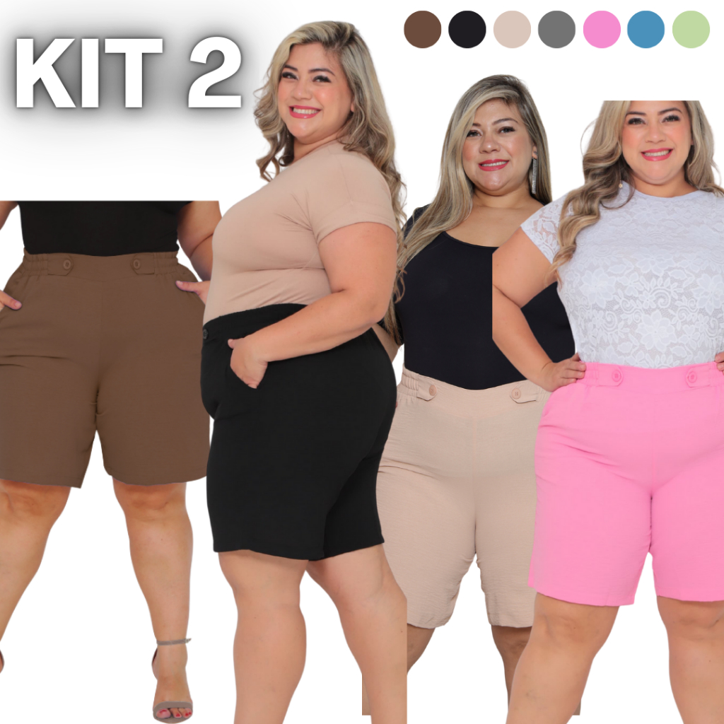 Kit 2 Bermuda Feminina Plus Size - Cintura Alta , Elastico , Botões na Cintura, Bolsos Laterais