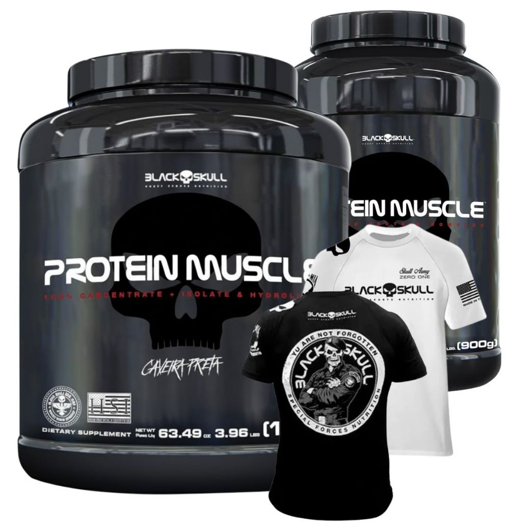 Whey Protein Muscle 900g 1.8kg + Camiseta BOPE / Padrão Black Skull